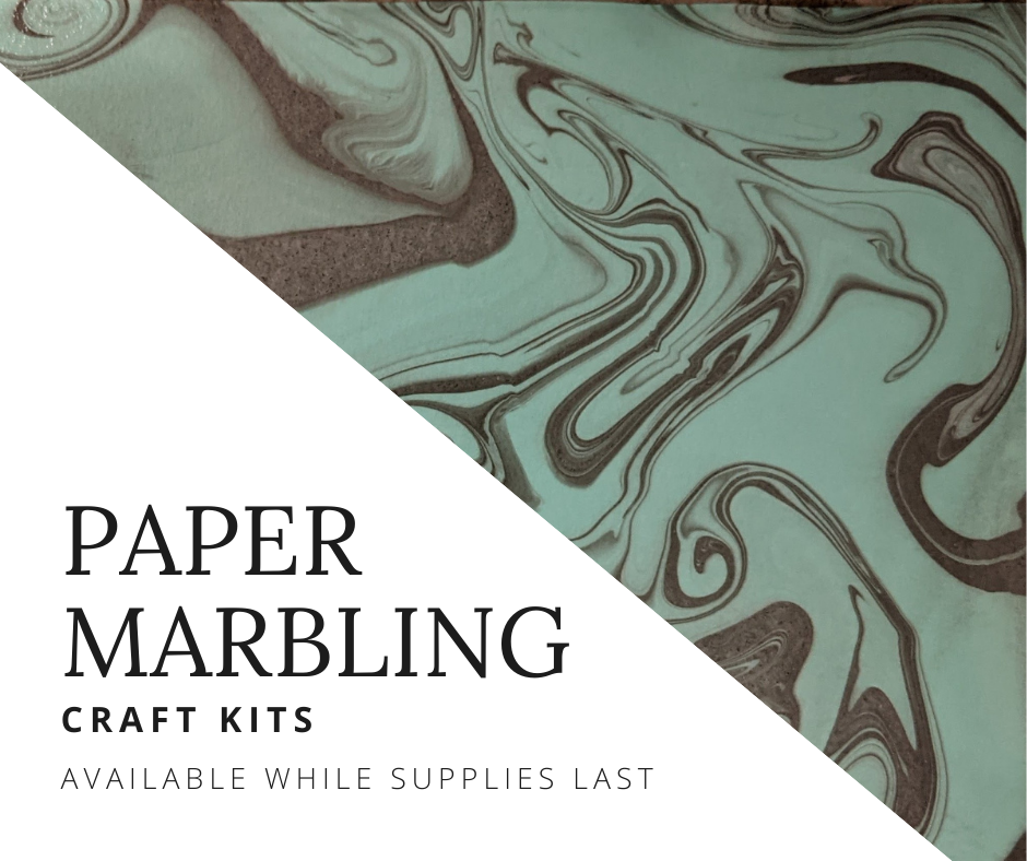 Image of green and black marbled paper with a description that reads, "Paper Marbling Craft Kits. Available while supplies last."