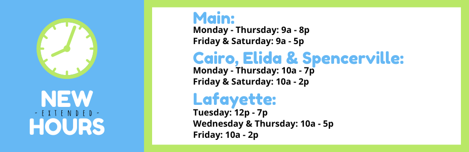 Have you heard the news?  We are expanding our hours. Starting on Tuesday, September 6, the main library in Lima will be open 9a - 8p on Monday - Thursday, and 9a - 5p on Friday and Saturday. Our branch locations are expanding their hours, too: Cairo, Elida and Spencerville branch libraries will be open 10a - 7p on Monday - Thursday, and 10a - 2p on Friday and Saturday.  Our Lafayette branch library will be open from 12p - 7p on Tuesday, 10a - 5 p on Wednesday and Thursday, and 10a - 2p on Friday.  Now you 
